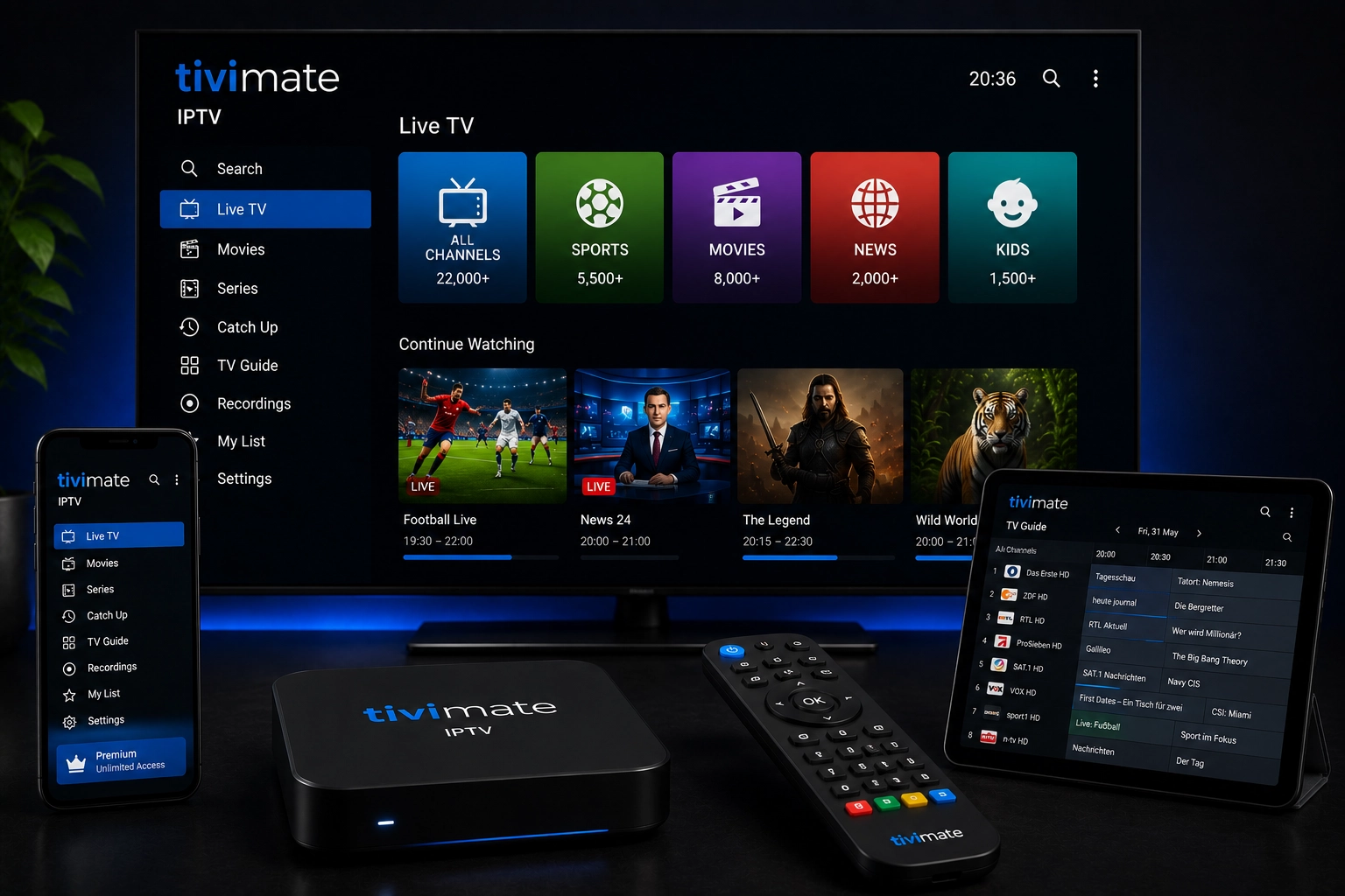 TiviMate IPTV App auf Android TV – Live-TV Oberfläche mit Senderliste und EPG
